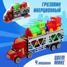 Грузовик инерционный «Автовоз», 2 машинки и 2 паровоза, цвета МИКС Грузовик инерционный «Автовоз», 2 машинки и 2 паровоза, цвета МИКС