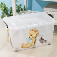 Контейнер для хранения на колёсиках «Мишка и котёнок», 50 л, 60×38×31 см, прозрачный Контейнер для хранения на колёсиках «Мишка и котёнок», 50 л, 60×38×31 см, прозрачный
