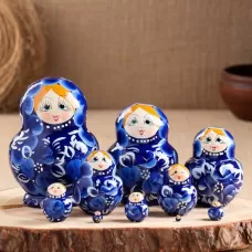 Матрёшка дерево «Гжель», синее платье, 10 кукольная, 13 см, ручная роспись Матрёшка дерево «Гжель», синее платье, 10 кукольная, 13 см, ручная роспись